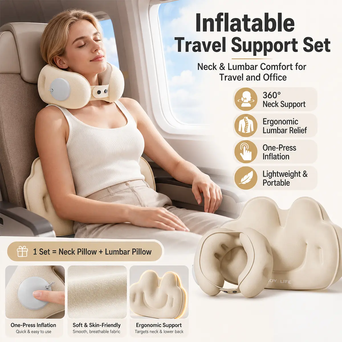 Inflatable Travel Pillow Set, Portable U-Shaped Neck Pillow & Ergonomic Lumbar Support Cushion, One-Press Inflation, Soft Breathable Neck and Back Support for Airplane, Train, Car, Office, Home, Commuting, Adults Men Women Travel Accessories