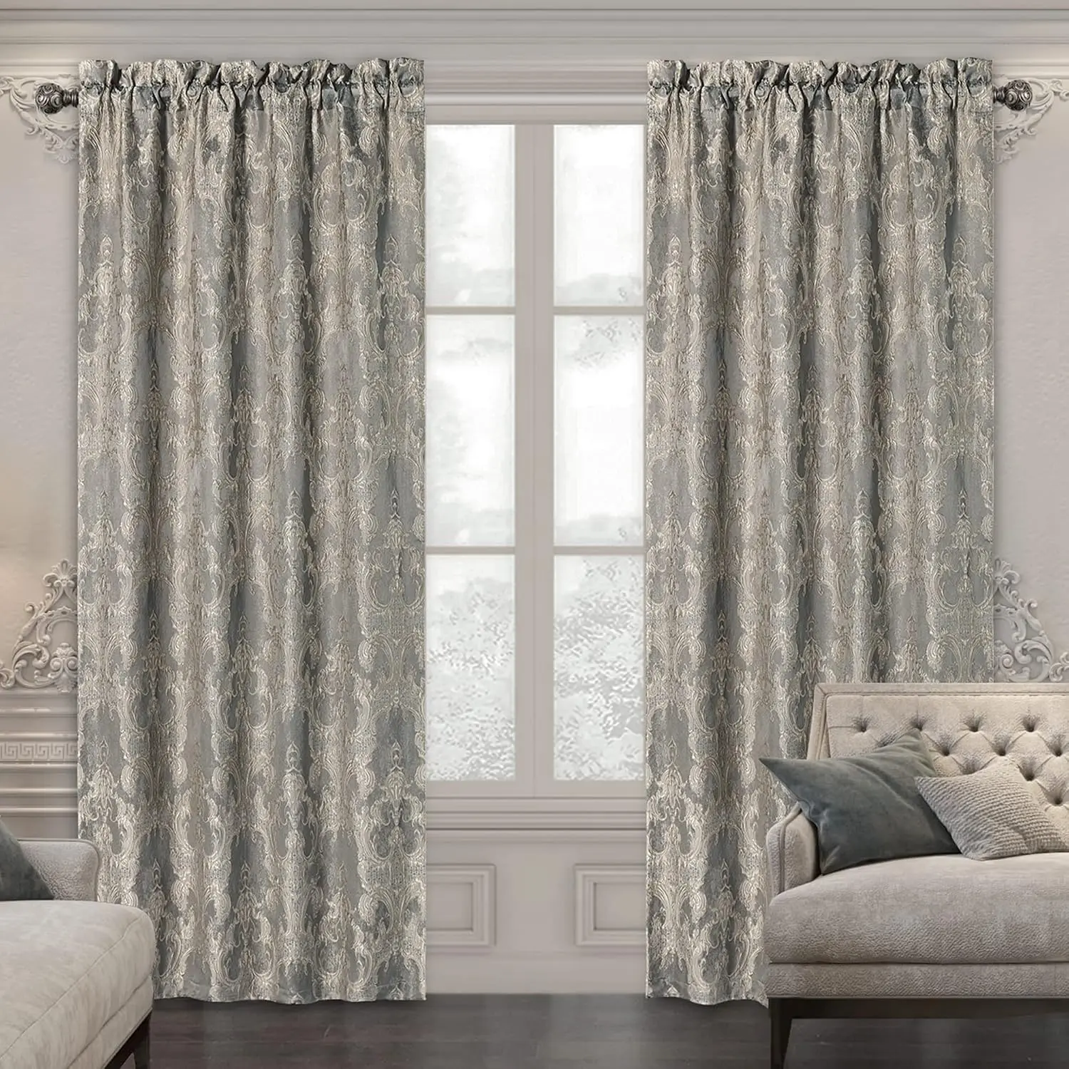 Luxury Grey Curtains for Bedroom 2 Panels Set, 52 x 96 Inch | Classic Thick Chenille Jacquard Window  Curtain Drapes with Tiebacks for Living Room Party Banquet Decorations