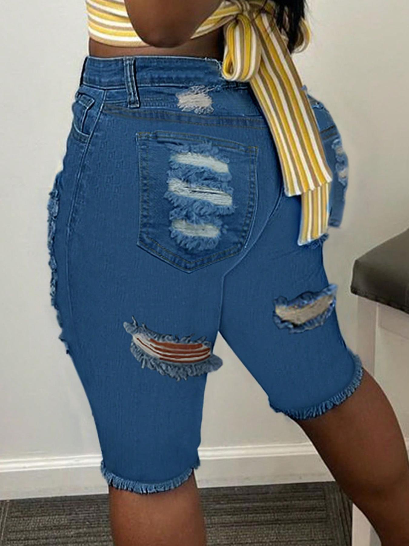 Women's Ripped Button Fly Denim Shorts, Casual Comfy Skinny Shorts for Daily Wear, Ladies Bottoms for Summer, Womenswear