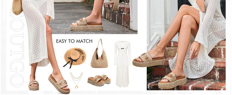 Coutgo Womens Platform Sandals Raffia Espadrilles Metal Chain Slip on Open Toe Cute Beach Slide Sandals
