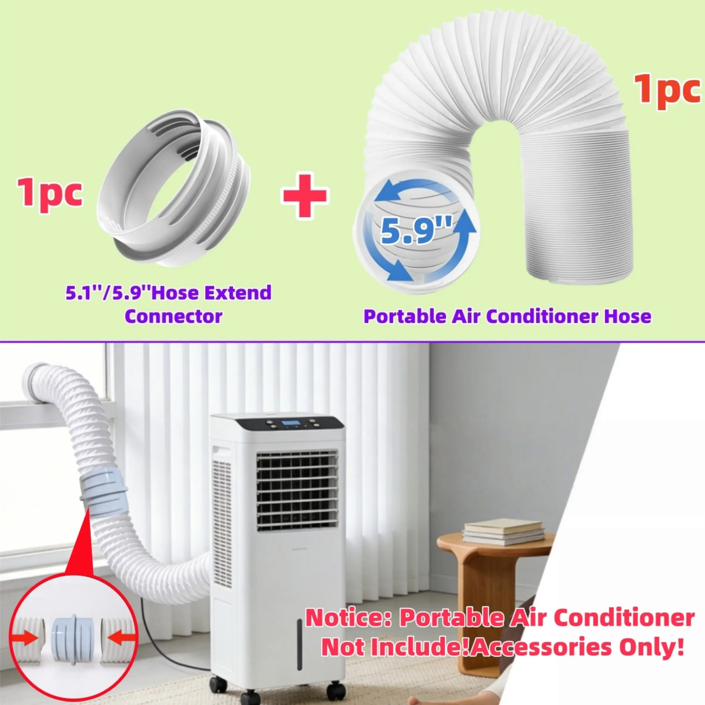 Portable Air Conditioner Hose Kit, Universal 5.1"/5.9" Extension Adapter, 5.9" Threaded Exhaust Hose, 59" Long Ac Pipe Set