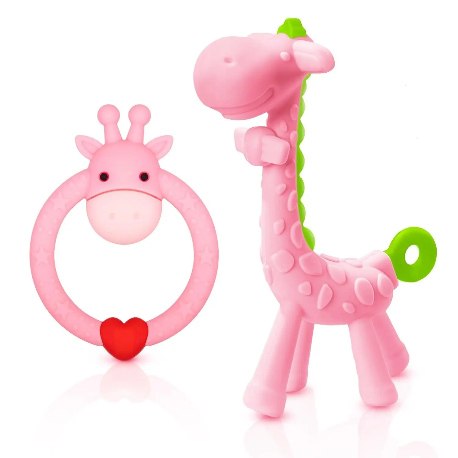 BPA Free Silicone Giraffe Baby Teether Toy with Storage Case for 3+ Months Infant Sore Gums Pain Relief and Baby Shower, PinkGift