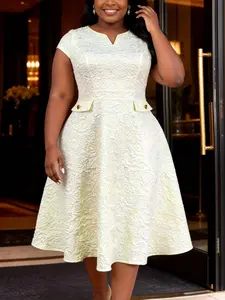 Plus Size Women Elegant Woven A Line Midi Dress, Jacquard Floral Design, V Neck Cap Sleeves, High Waist, Button Detail, Perfect for Parties, Weddings, Church, Spring, Summer Outfits