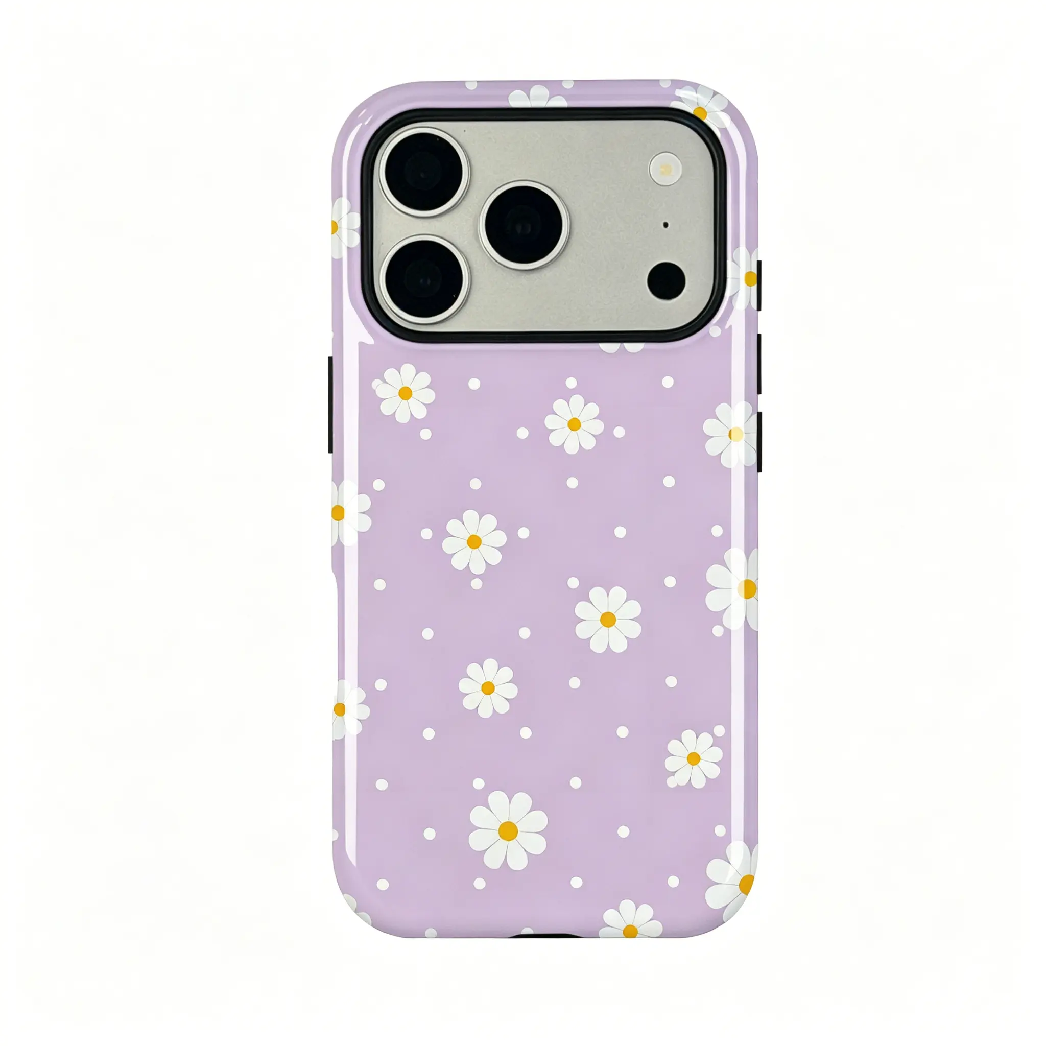 Featuring a pale purple star-and-daisy pattern, this durable, shock-absorbing, glossy 2-in-1 phone case is compatible with iPhone 17, 16, 15, 14, 13, 12, 11, and X, as well as Samsung models; it makes a great holiday gift for friends or family.