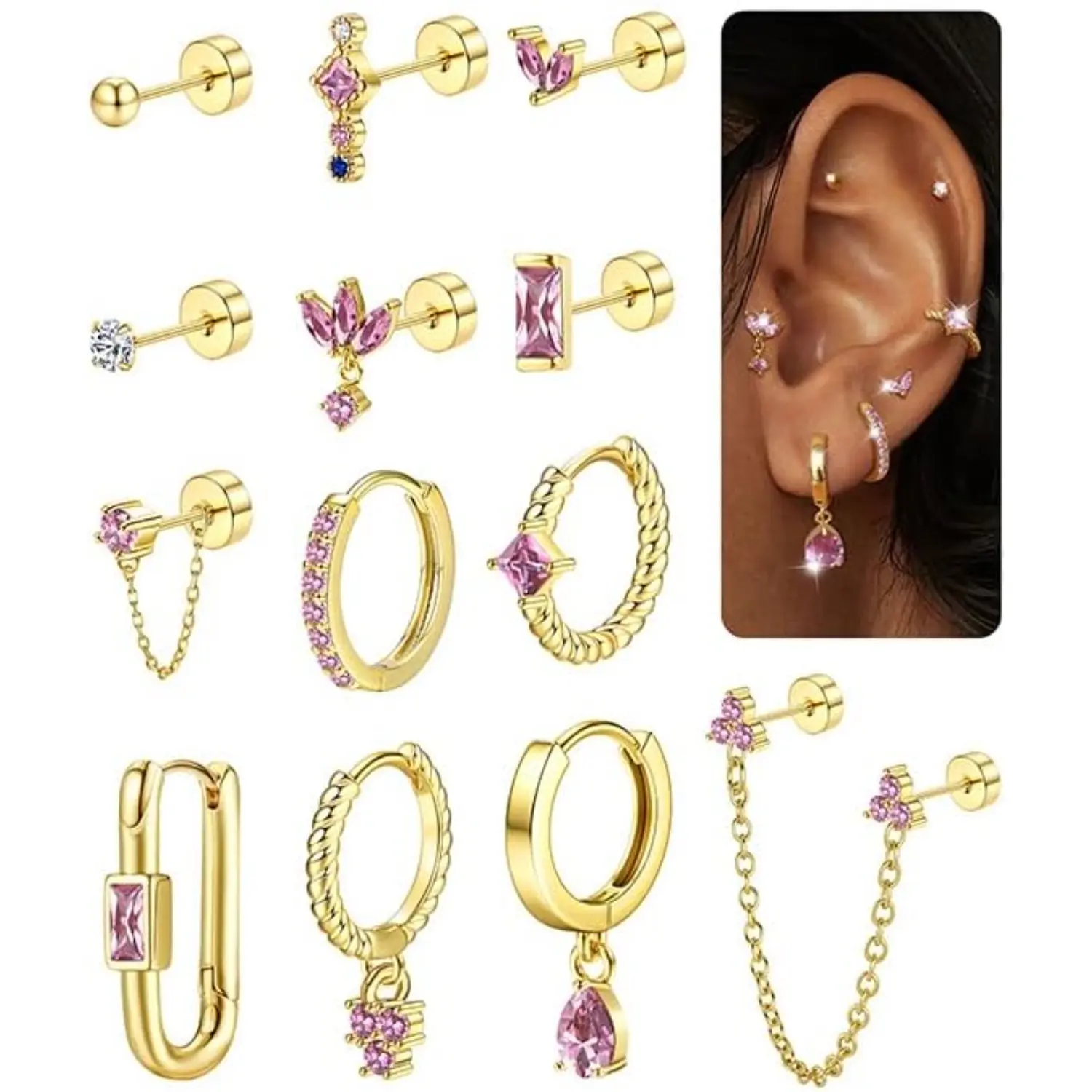 Sanfenly 13 PCS Earring Set, 14K Gold Plated Stud & Small Hoop Earrings, Flat Back Hypoallergenic Lightweight Dainty Cartilage Jewelry for Multiple Piercings
