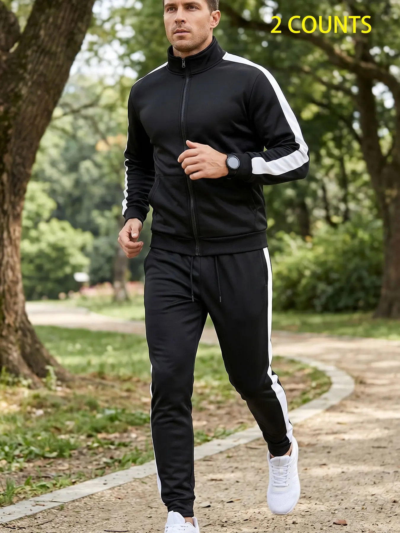 Men's Stand Collar Open Front Jacket and Drawstring Sweatpants Set, Casual Fall Winter Running Sports, Athleisure Tracksuit Set, Two-Piece Ensemble