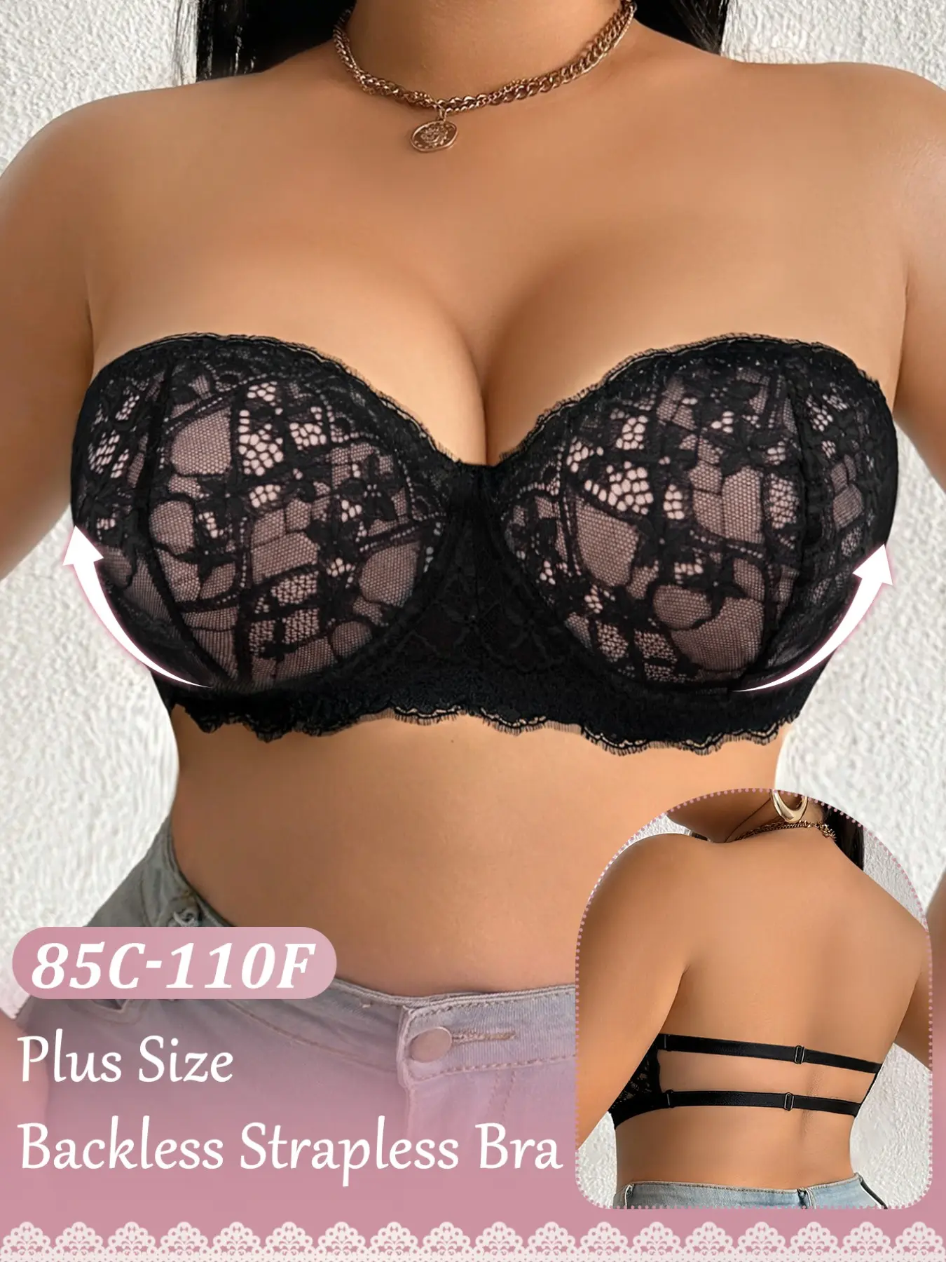 Women lace strapless bra for big bust, clasp-free adjustable back, detachable straps, breathable underwire padding, convertible strapless & halter for dresses & off-shoulder outfits