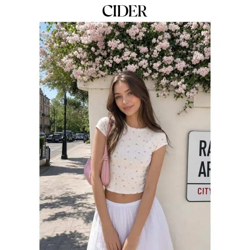 Cider Women's Casual Floral Pointelle Knit Top with a Round Neck and Short Sleeve Lace Trim Detail, Lady, Tshirt, Floral Pattern, Shirts, Blouse, Elastane, Clothes, Shortsleeve, Pointelle Lace, Polyester Knit, Normal Type