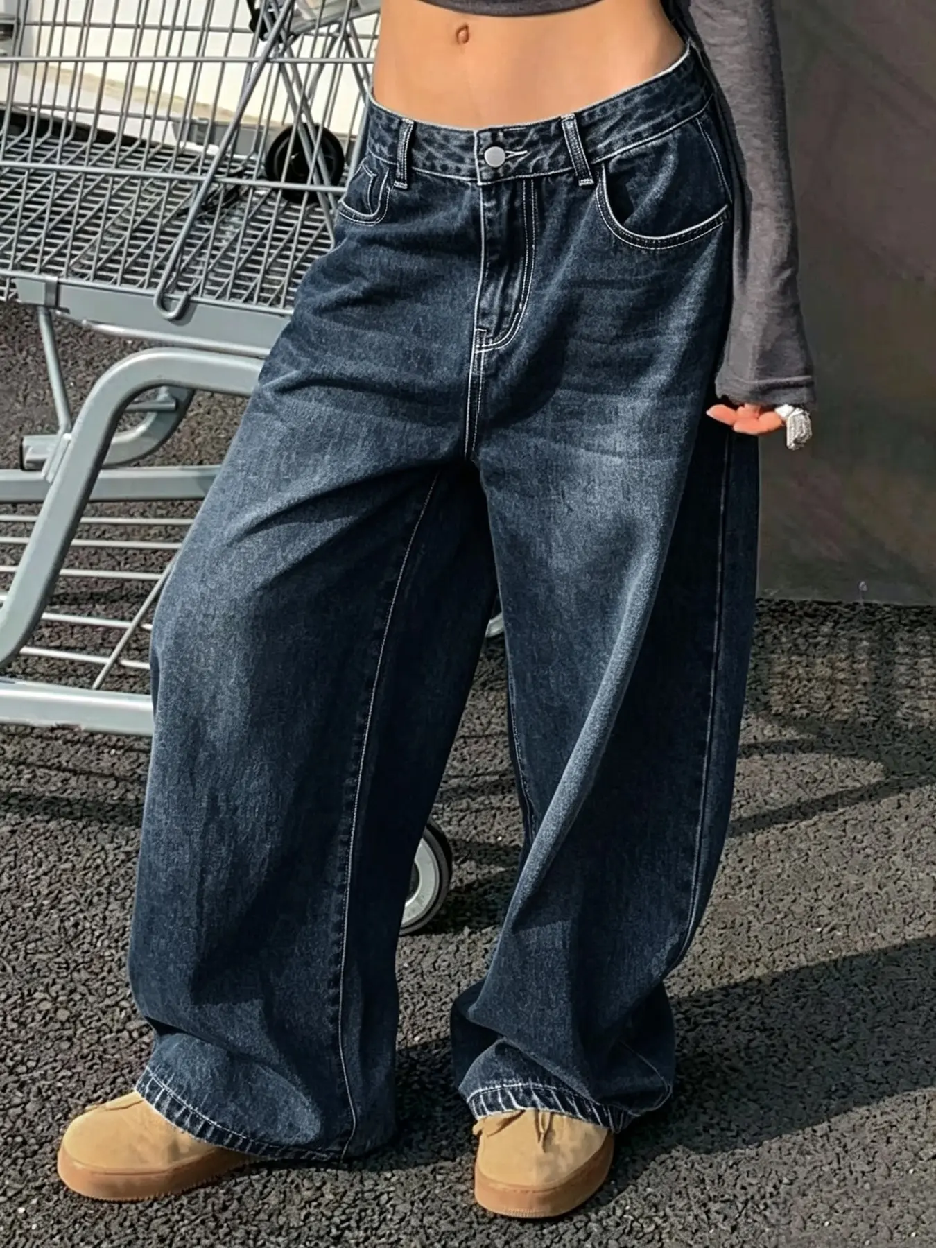 Vintage Deep Blue Washed Women's Wide Leg Pockets Jeans, Low Waist Loose Fit Denim Jeans, Streetwear Casual Long Trousers