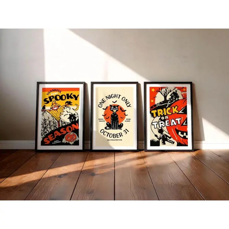 Retro Halloween Art Prints Holiday Poster Set of 3 Seasonal Wall Prints Kitchen Halloween Decor Festive Gift for Home
