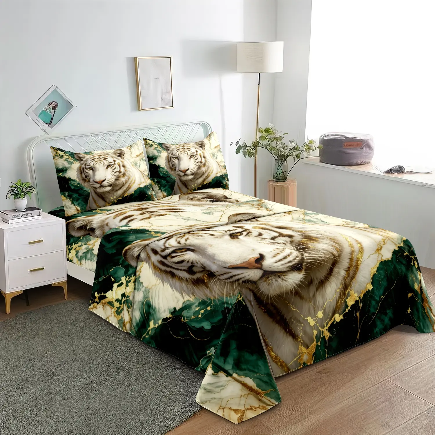 4Pcs Luxury Green Gold Marble White Tiger Bedding Set, Majestic Art Print of White Tiger with Golden Vein Texture, Premium High-end Bedroom Decor Bed Linens (1 Flat Sheet+1 Fitted Sheet+2 Pillowcases) Machine Washable