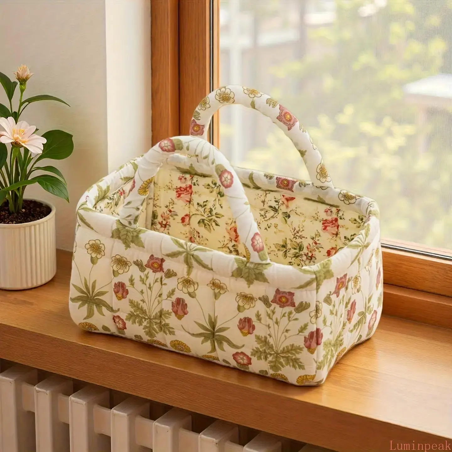 Vintage Floral Print Oxford Fabric Laundry Basket, Quilted Foldable Single-Compartment Storage Organizer with Handles for Bathroom Decor