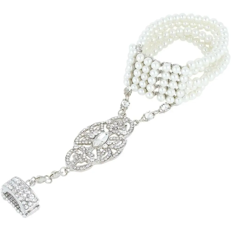 1920s  Costume  Movie Inspired Flower Art Deco Simulated  Bridal Prom Bracelet Adjustable Ring Set fro Women