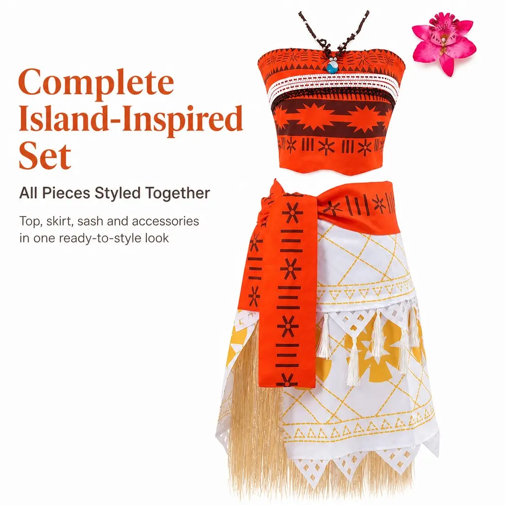 Adult & Kids 4‑Piece Ocean Island Themed Cosplay Costume, Strapless Printed Top Tassel Skirt With Waist Sash, Flower Hair Clip And Pendant Necklace