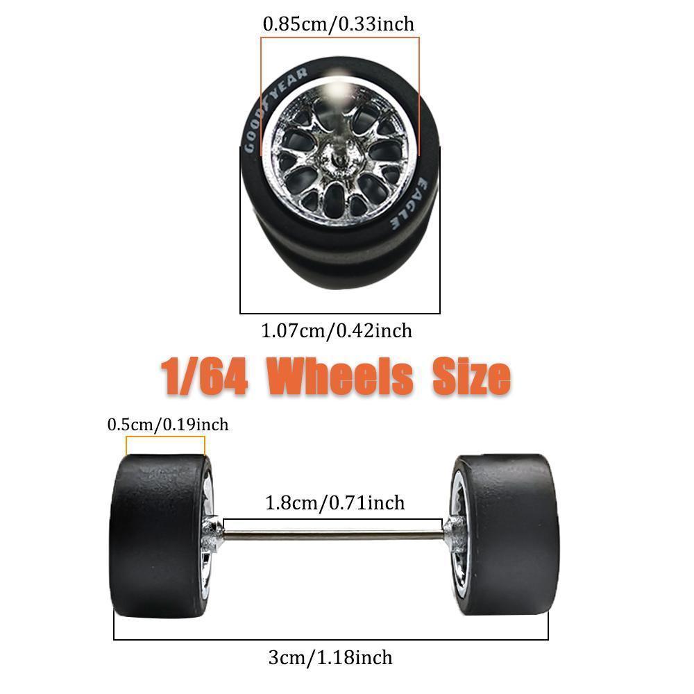 1/64 Wheels with Detachable Rubber Tires Ten Spokes 10.7mm for Model Cars Refiting Parts for Hotwheels (5 sets for 5 Cars)