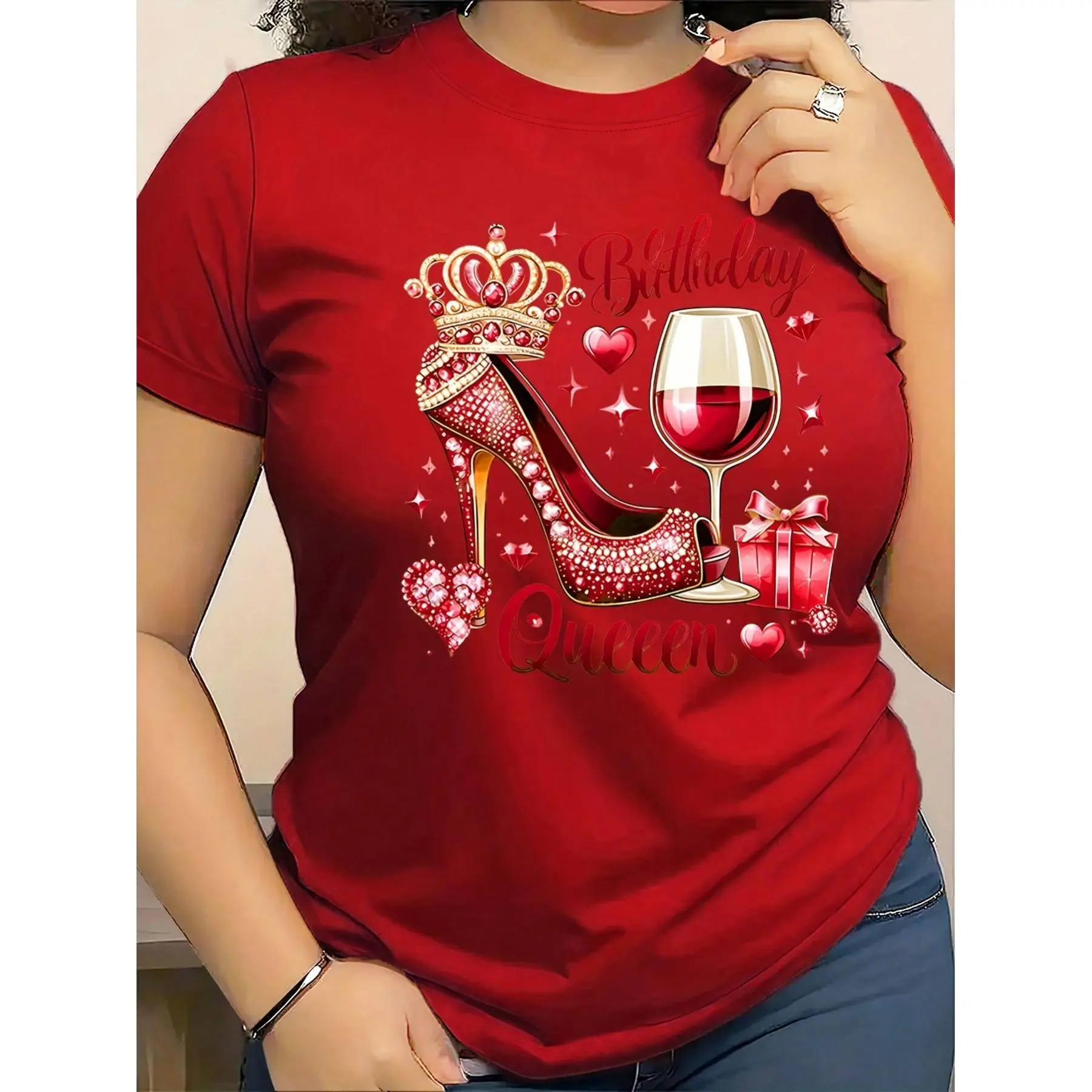 Women's Cute Asymmetrical Short-Sleeve Round Neck Casual Sports Top - Polyester Fabric, Birthday Queen Back Print, 1-Piece Spring Summer Halloween Outfit with Soft Smooth Texture, Shortsleeve, Wedding, Party, Thanksgiving, Polyester Blend, Lightweight, T-