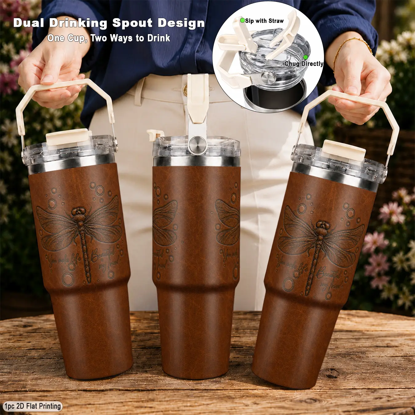 30oz 304 Stainless Steel Vacuum Insulated Tumbler, with vintage embossed dragonfly decorative pattern, dual drinking ports leakproof lid easy to clean long time heat cold preservation, for road trip outdoor use as unique gift for nature lovers