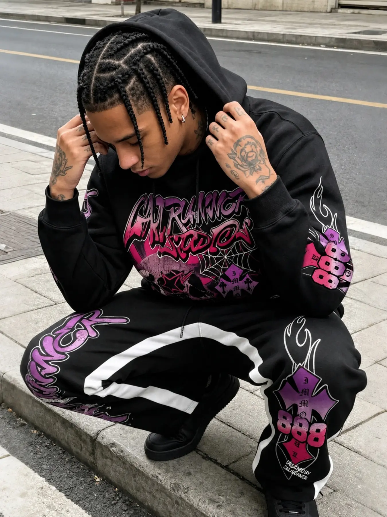 Y2K Urban Hip‑Hop Men Baggy Matching Tracksuit Black Purple‑Pink Gradient Graffiti Cross Stylized Letter Graphic Pullover Hoodie & Sweatpants Drawstring Hood Adjustable Pant Waist Complete Printed Street Two‑Piece Set For Gen Z Teen Young Men Performance