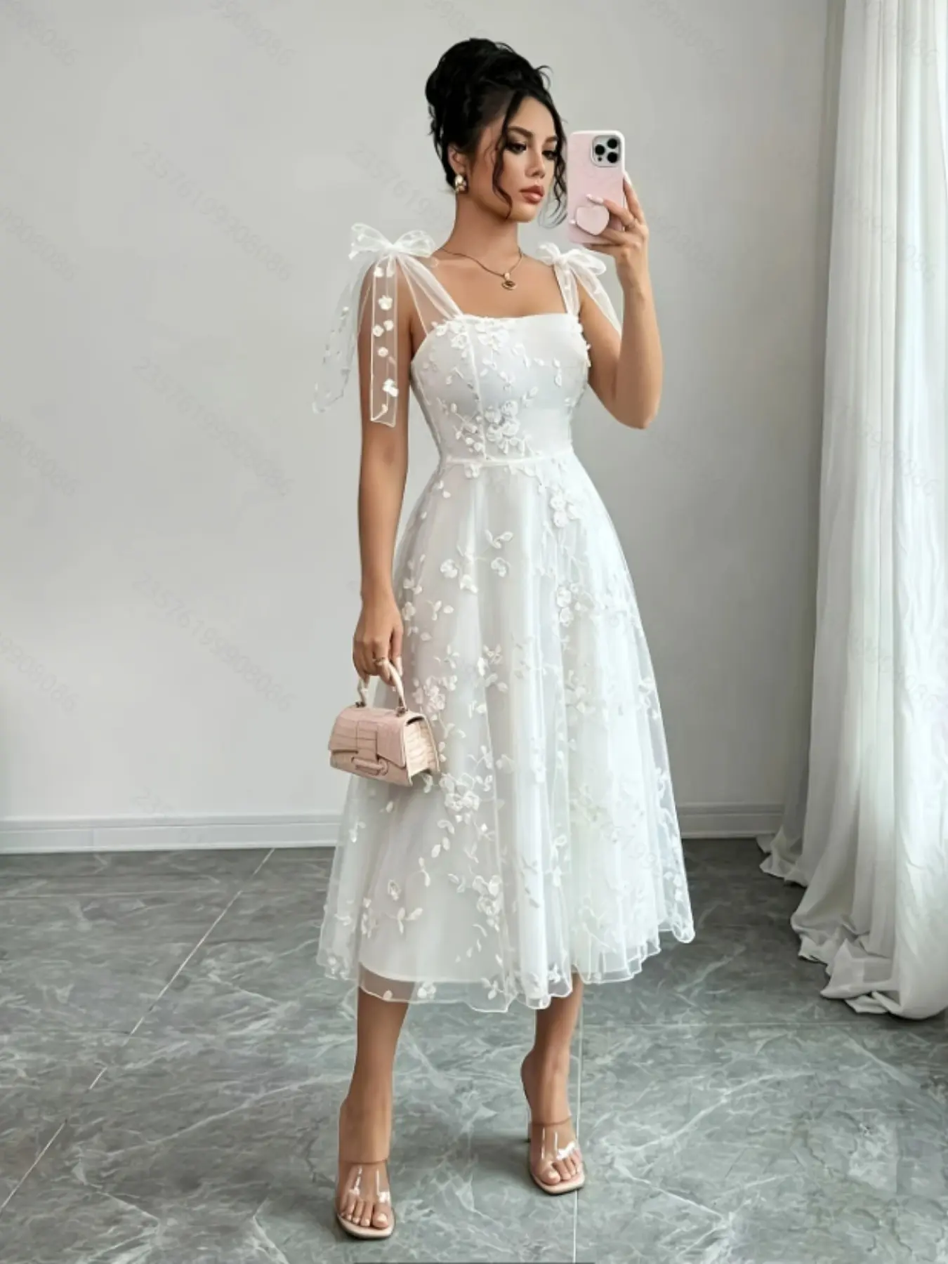 Women's Dress,Viral Coquette White Floral Tulle Midi Dress | Bow Spaghetti Strap Fairycore Wedding Guest Elegant Evening Party Dress