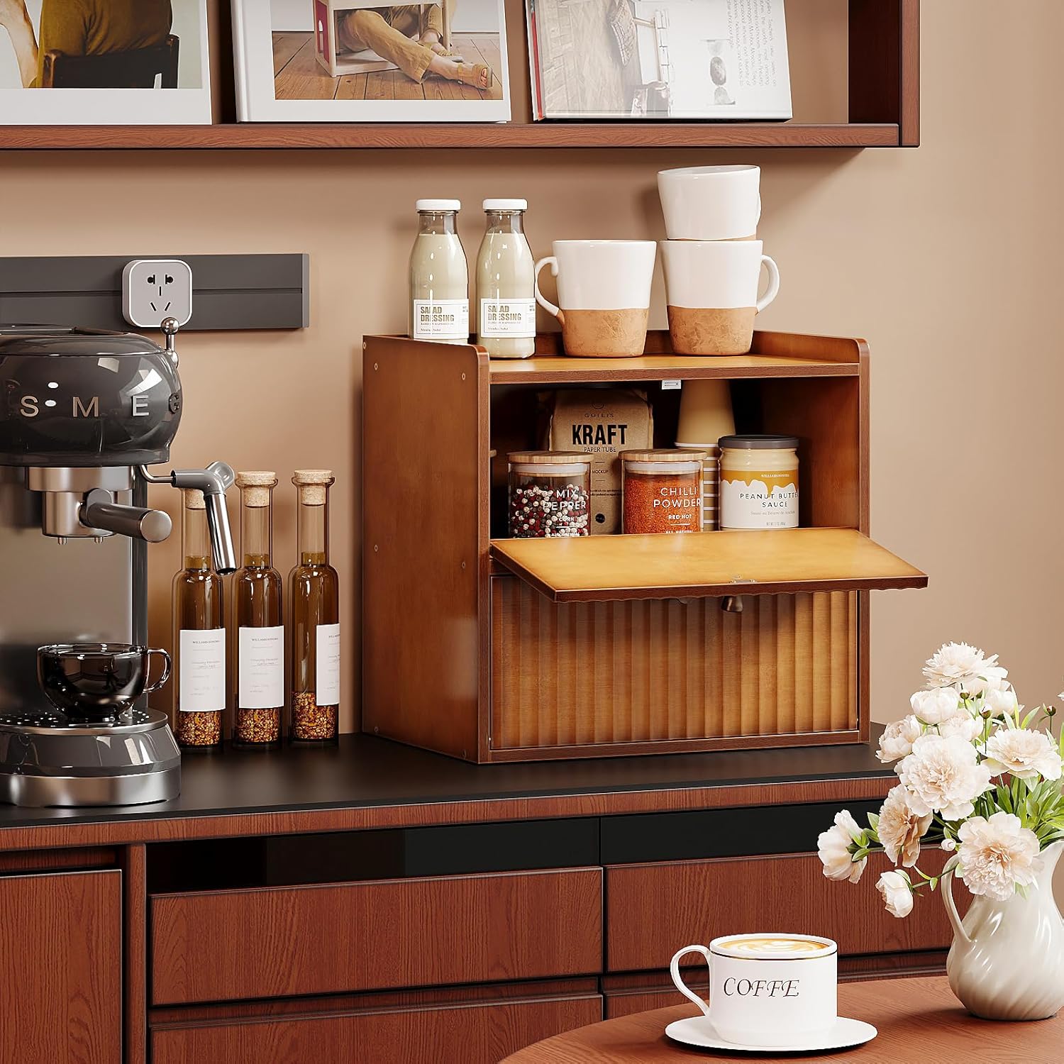 Rustic Bread Box for Kitchen Countertop  Bread Storage Container Bin Double Layer BreadBox Farmhouse Large Capacity  Organizer (Brown)