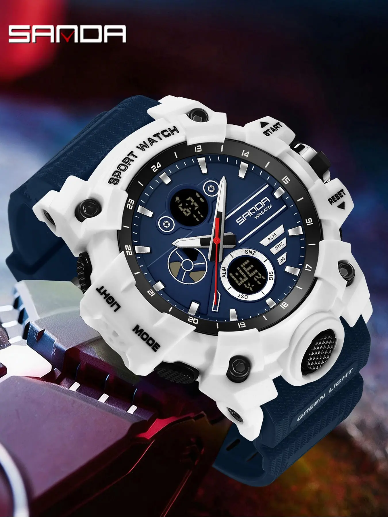 SANDA 9094 Fashion Men's Military Watch Luminous Dial Watch Dual Time Luminous Waterproof TPU Strap Chronograph Daytime Sports Watch with Box and Handline Luminous Analog Watch