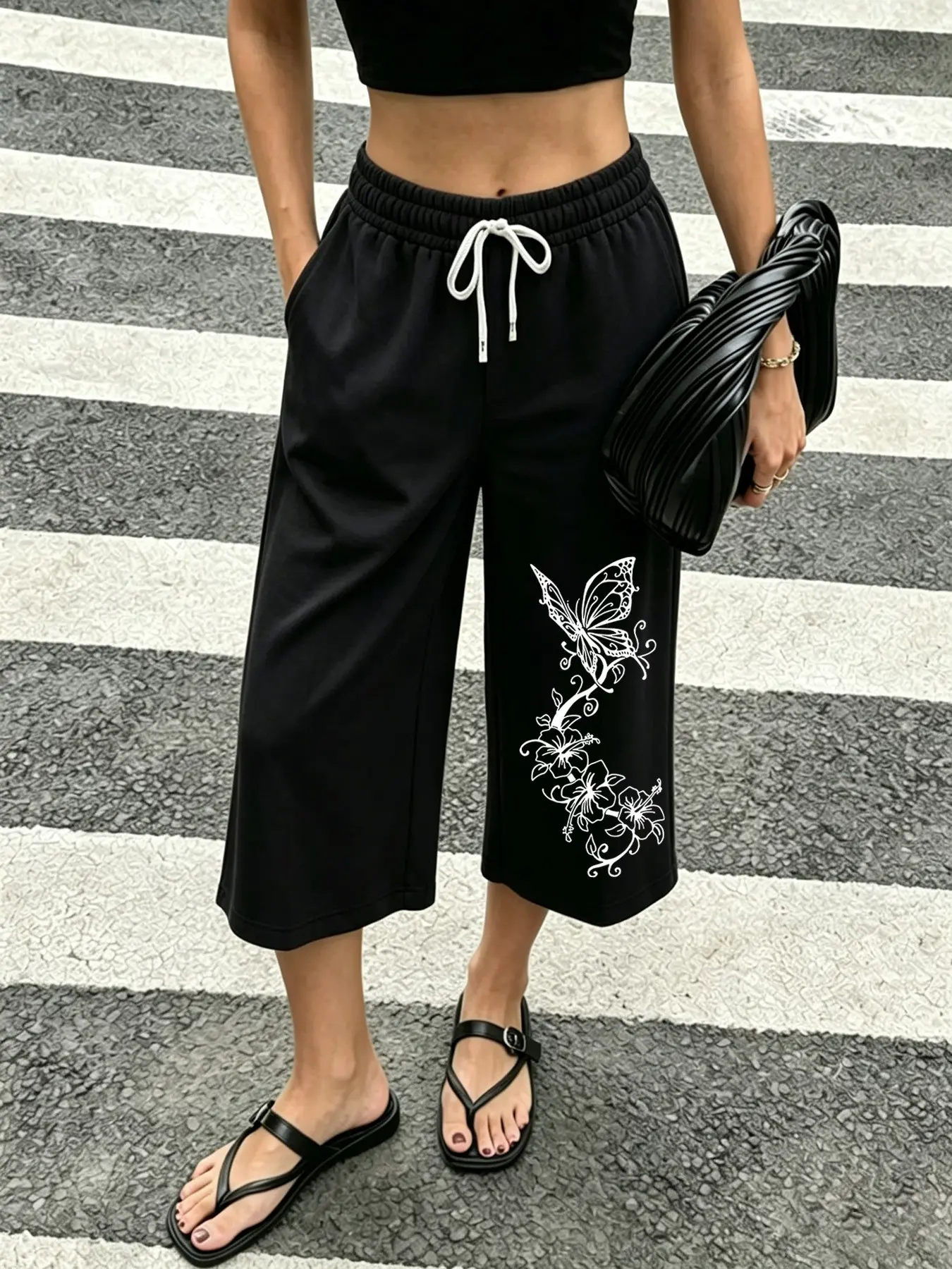 Summer New Casual Loose Capri Pants, Drawstring Mid Waist, Butterfly Print, Breathable Fabric, Fashionable for Daily Wear