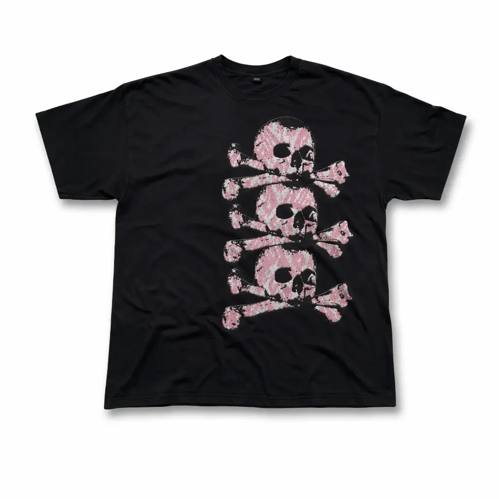 Men's Short-Sleeve Crew Neck Pink Skull-and-Crossbones Graphic T-Shirt - Unisex Vintage Streetwear Retro Skeleton Print Casual Alternative Style Everyday Outfit Top