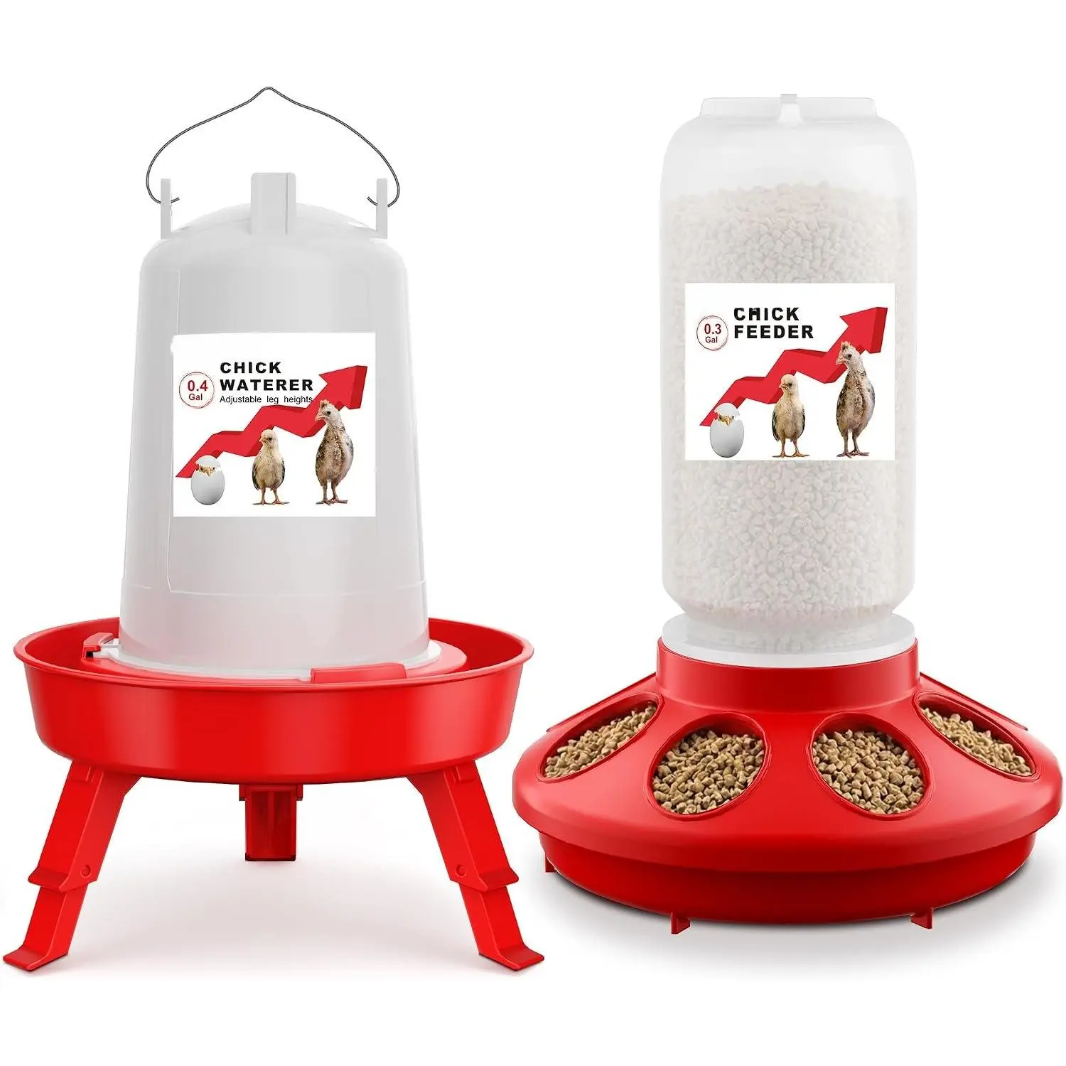 2-in-1 Chick Starter Set: 0.3 Gal Feeder & 0.4 Gal Waterer Red | Chick Feeder and Waterer with Adjustable , Anti-drowning, Anti-tip and  Hooks Design for  Chicks