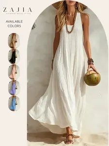 Women’s Sleeveless Maxi Dress, Casual Loose Fit Bohemian Beach Dress with Pockets, Flowy Cotton Linen Textured Long Dress for Vacation