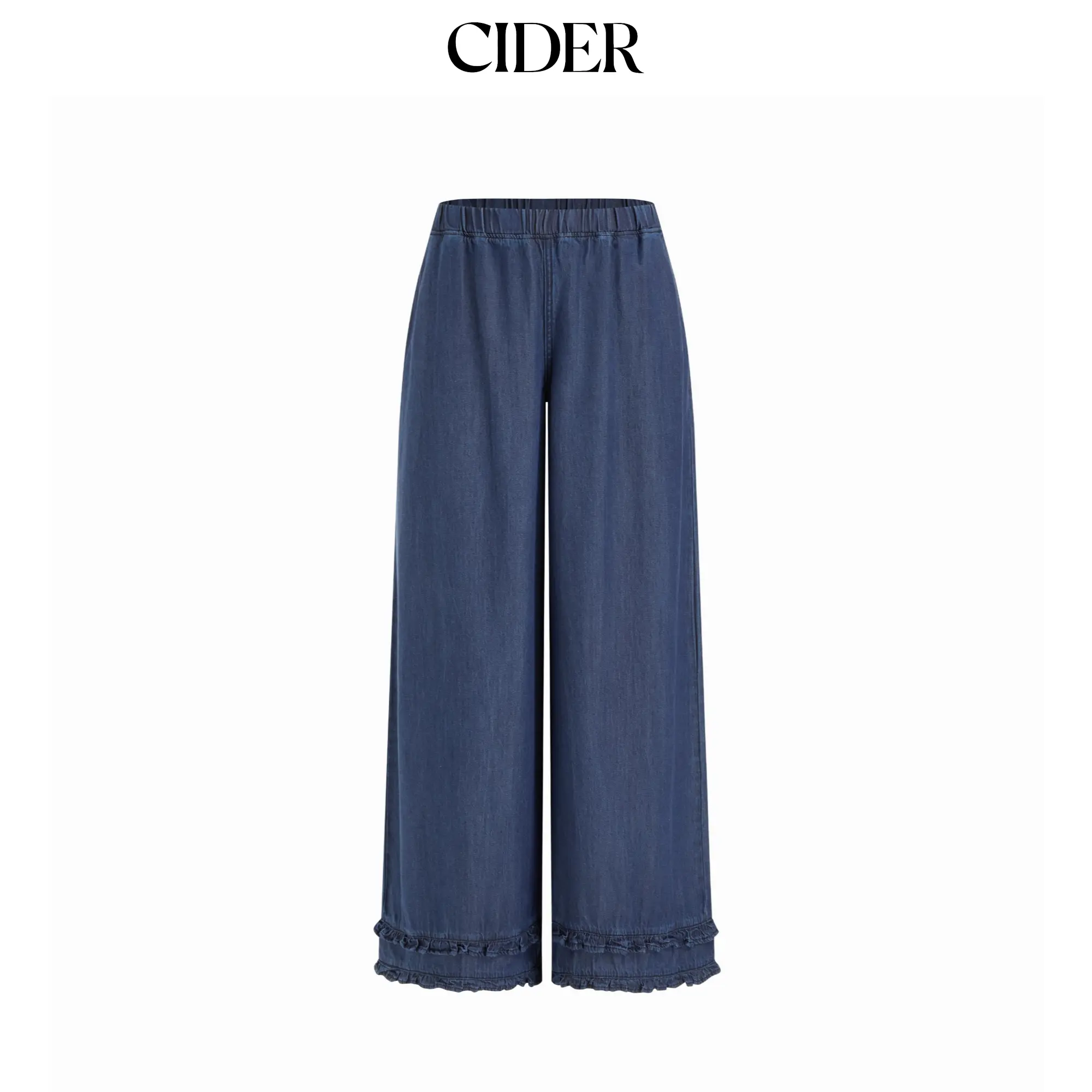 Cider Denim Mid Rise Elastic Waist Lettuce Trim Oversized Straight Leg Jeans