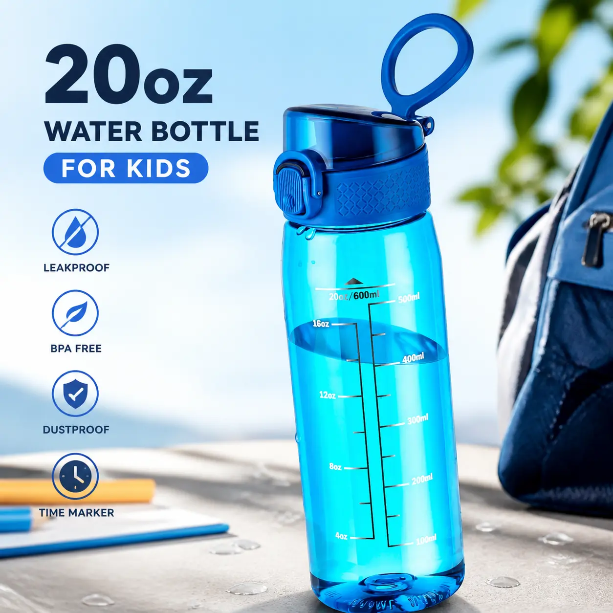 20oz Kids Handle Top Water Bottle - Tritan BPA-Free, Reusable, Leakproof, Anti-Dust, Time Marker, Clear, New Model for School, Car Travel (Blue)