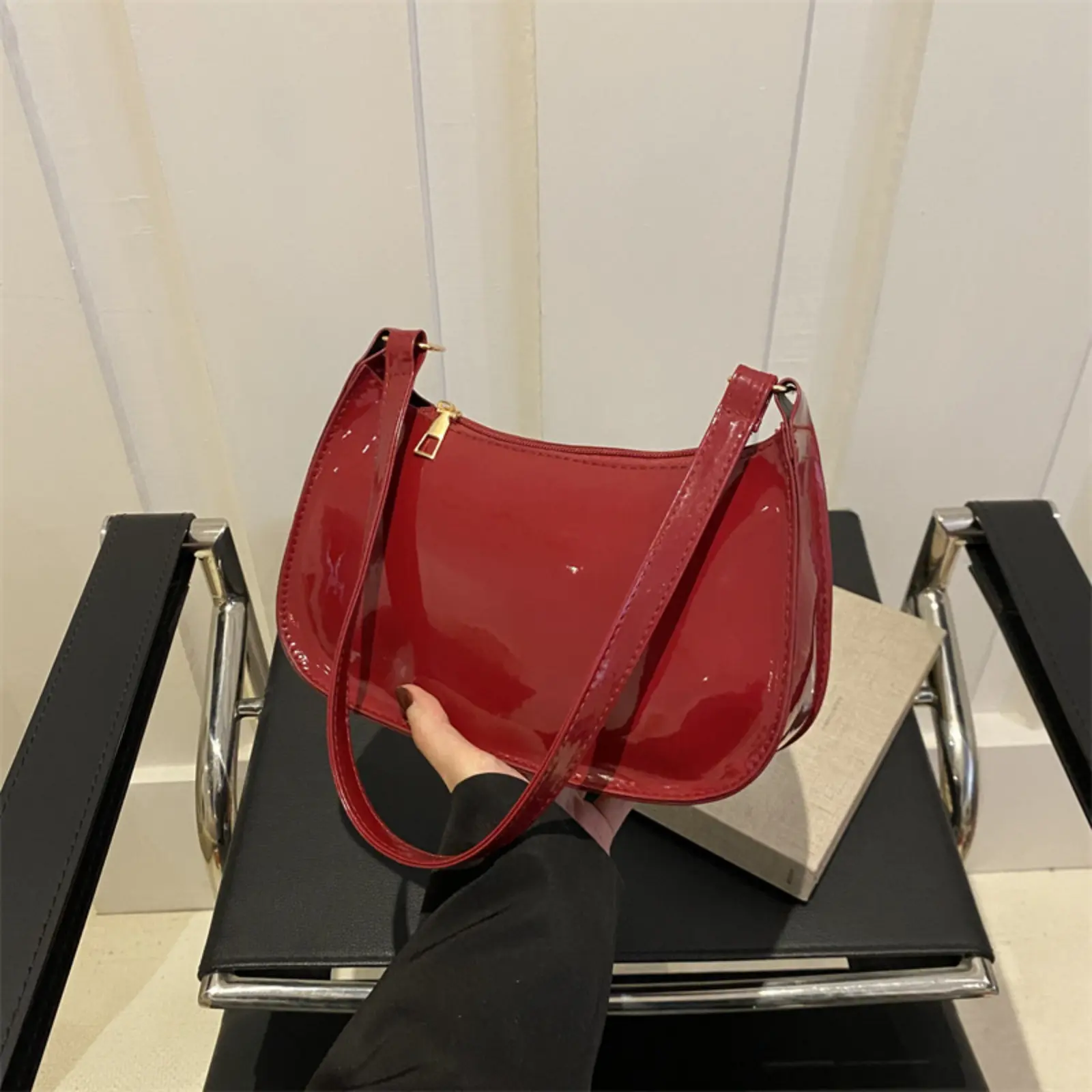 Retro Patent Leather Underarm Shoulder Bag Glossy Wine Red Crescent Purse Fashionable Vintage Y2K Hobo Clutch for Women Daily