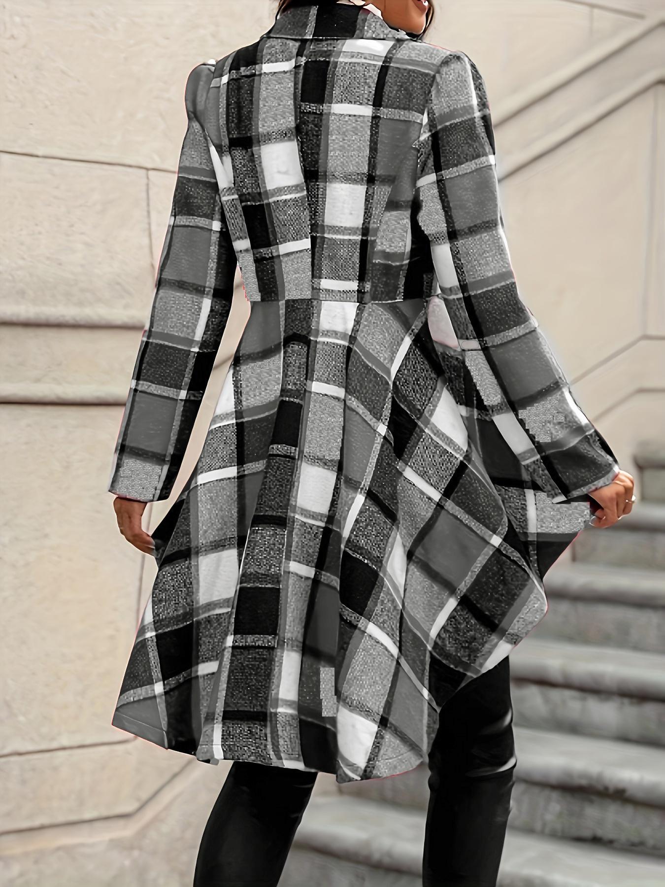 Women's Plaid Print Button High Low Hem Jacket, Casual Long Sleeve Lapel Neck Open Front Outerwear for Fall & Winter, Ladies Clothes for Daily Wear, Womenswear