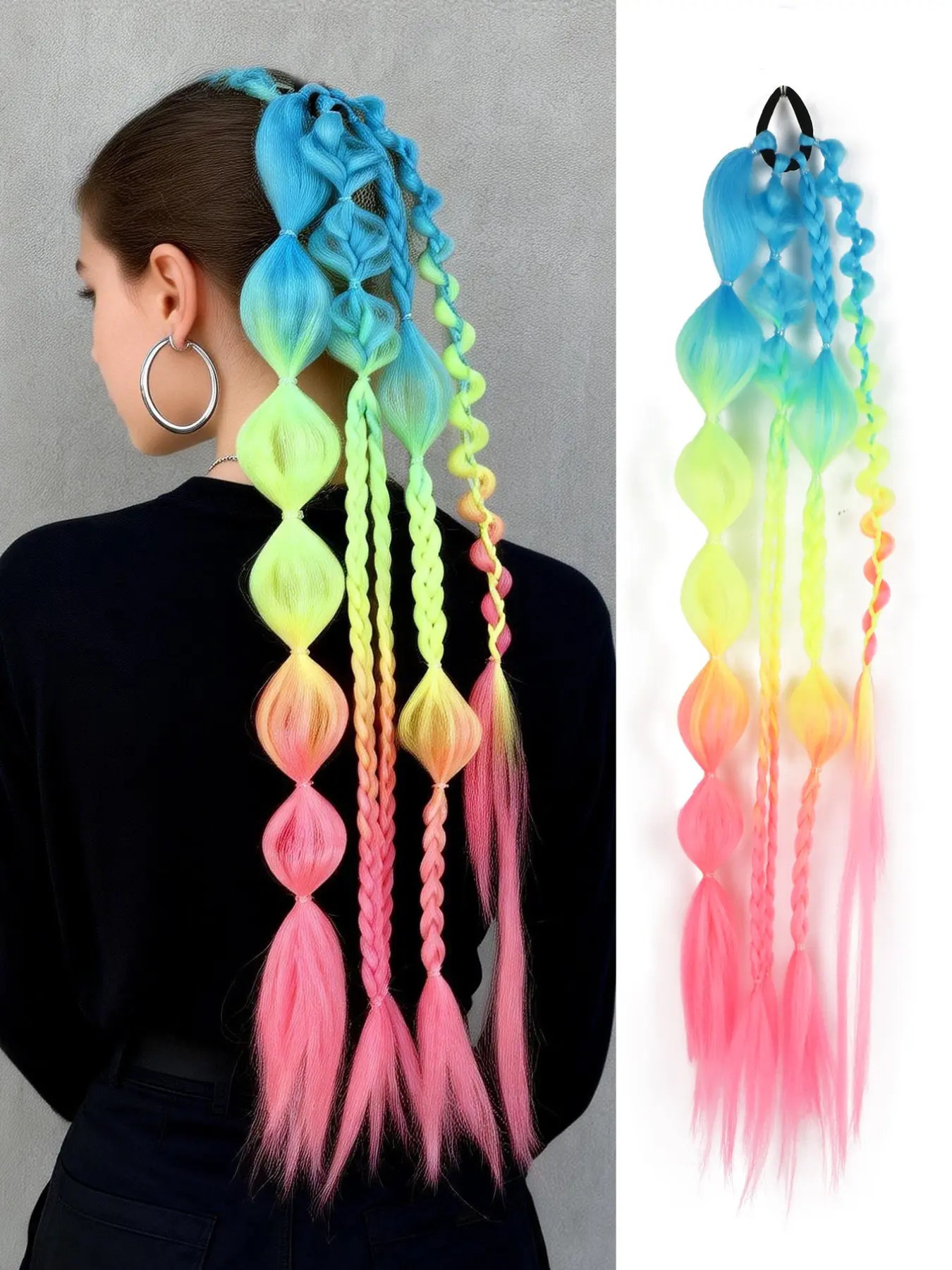 1pc Blue Multicolor Braided Ponytail＋Bubble Ponytail Extension for Women ,Y2k Hair Ponytail,Pre Stretched Ponytail Hair Accessories,22 Inch Wrap Around Ponytail Afro Puff Ponytail Style Hair Extensions ,Curly Braided Straight Textured Hairband Ponytails