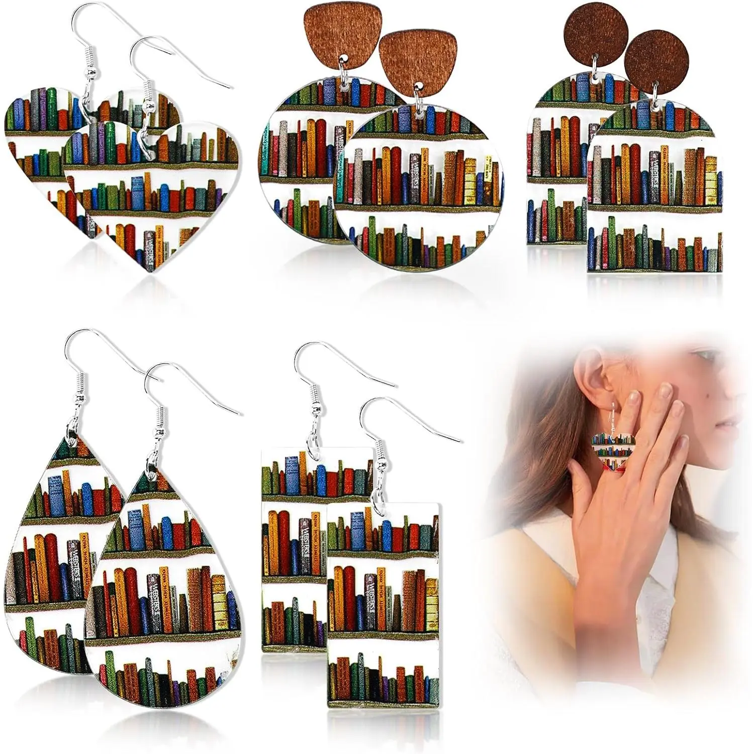 5Pairs Accessories 5 Pair Book Earrings for Women  Book Funny Bookshelf Earrings  Dangle Earrings  Gifts for Teacher's Day  to School