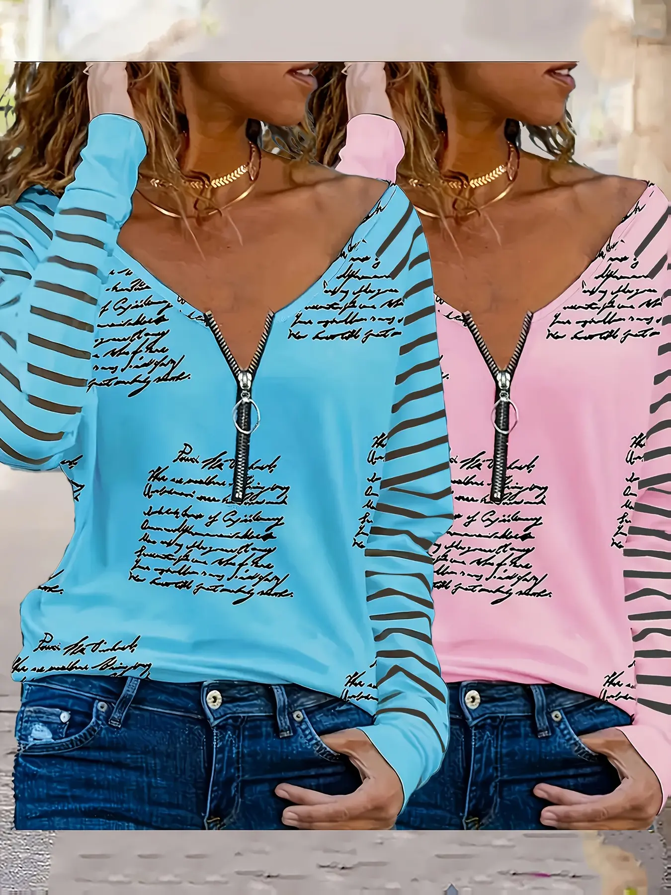2-Pack Spring Fall New Random Print V-Neck Zipper Long Sleeve Casual Loose Fit Top, Women's Comfortable Base Layer T-Shirt