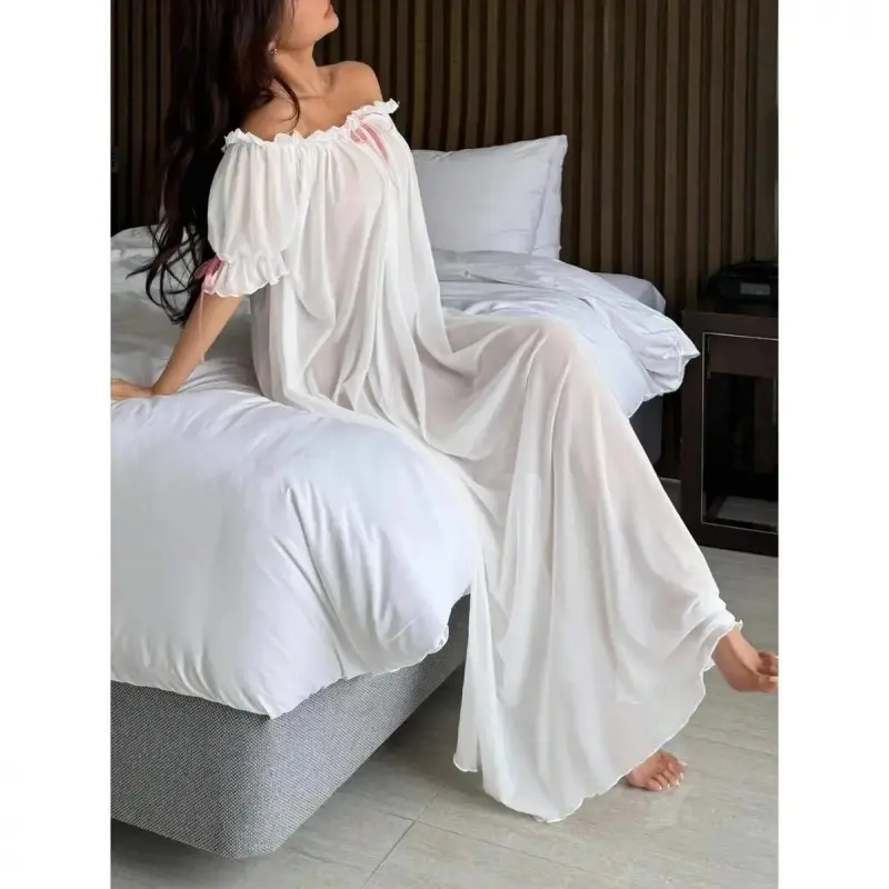 Women's Charming Transparent Mesh Off-Shoulder Ruffle Long Nightgown Sleepwear