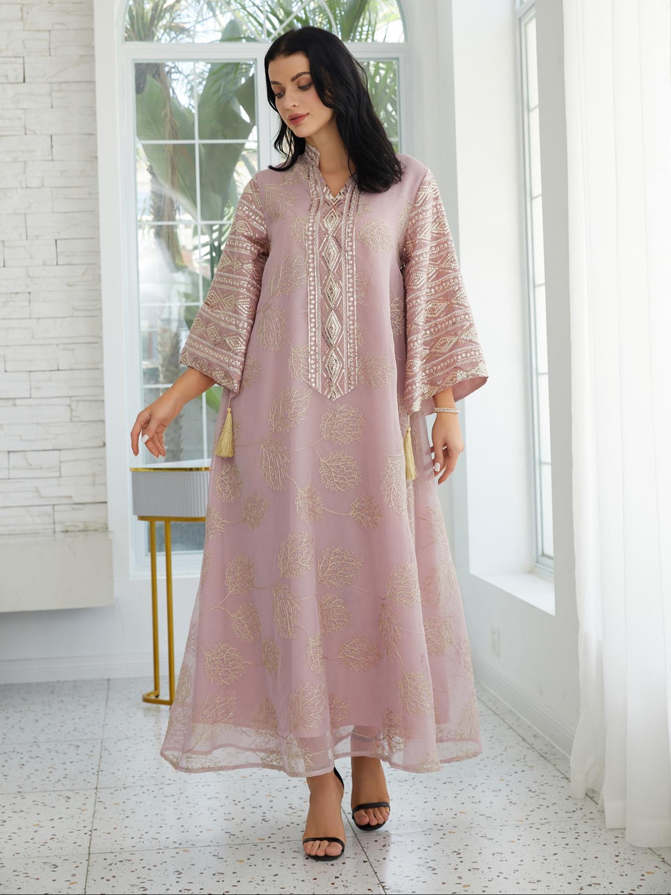 Women's Embroidery Long Sleeve Woven Dress,Elegant Fringe Trim Arabic Clothing for Party Evening Formal Occasions,Ladies Clothes for All Seasons