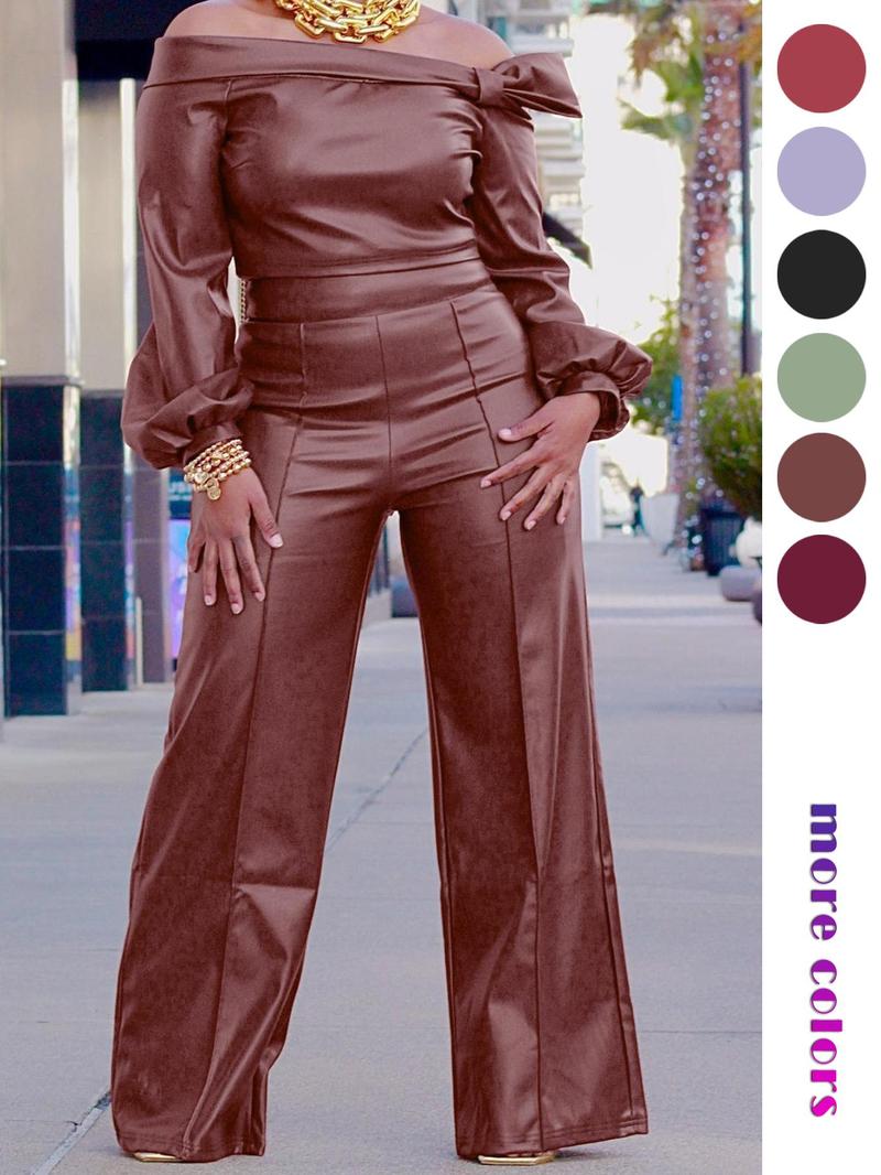 Two-Piece Set Women's Spring Plain Off Shoulder Knot Front Bishop Sleeve Blouse & Wide Leg Pants Set, Solid Color Long Sleeve Top & Trousers Set for Fall, Women's Clothes