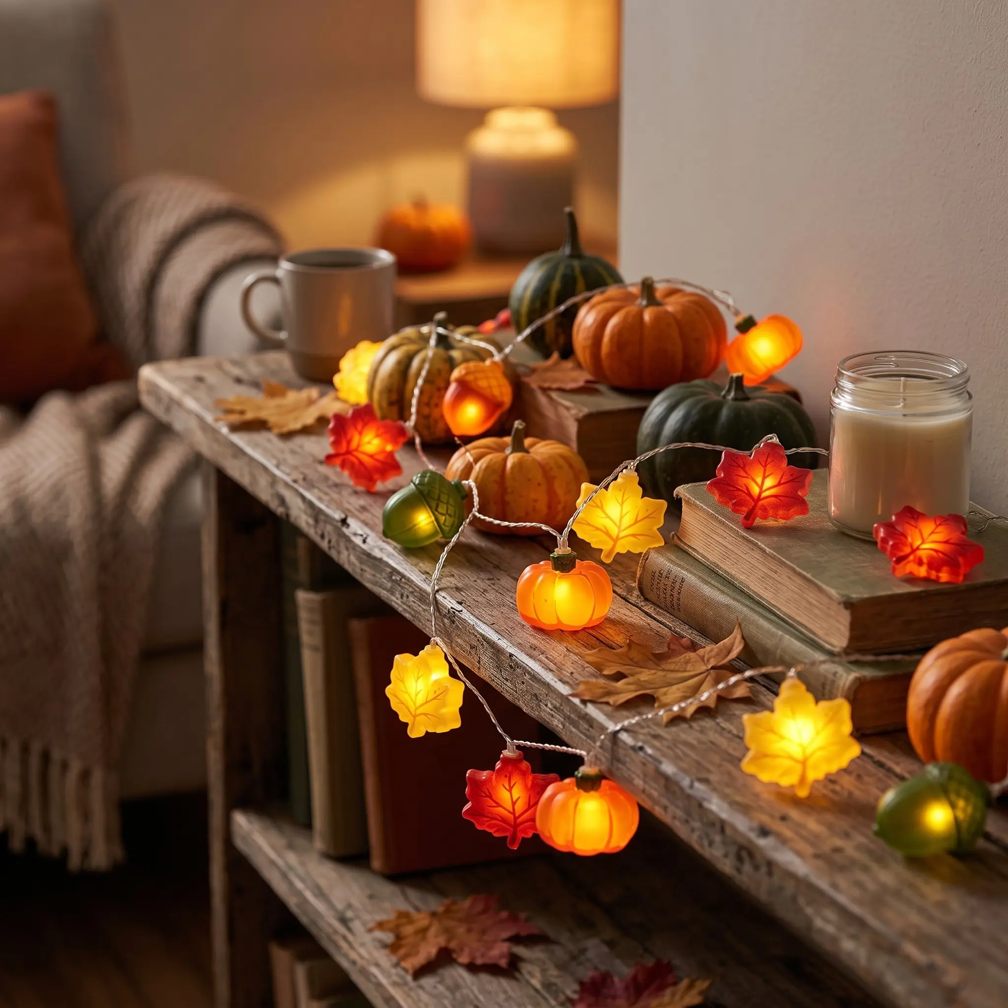 Fall Maple Leaf Pumpkin String Lights, Indoor Fireplace Mantel Decor, Warm Cozy Ambient Glow, Autumn Aesthetic for Homeowners