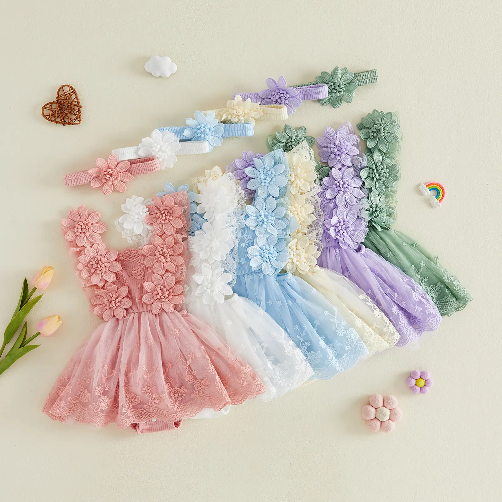 Newborn Baby Girl Romper Dress Lace Floral Sleeveless Tulle Dress with Headband Infant Summer Mesh Jumpsuits