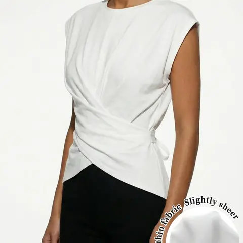 Women's Knit Round Neck Drop Shoulder T-Shirt, Fashion Casual Irregular Pleated Cross Hollow Out Back Tie Top, Stylish and Comfortable Fit