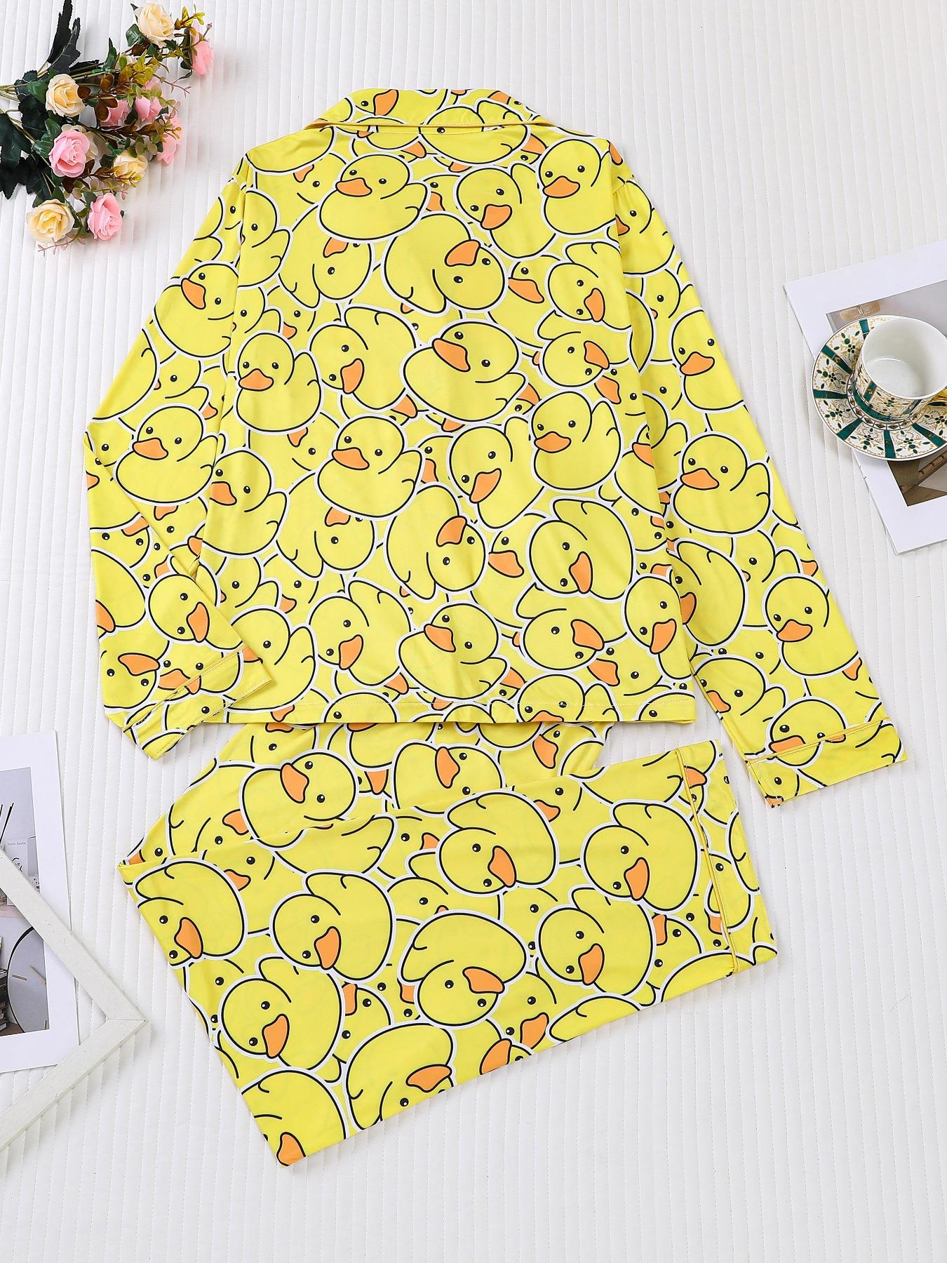 Cute Duck Print Women's Pajama Set, Long Sleeve Shirt Collar Button Soft Top & Loose Elastic Pants Pjs, Casual Home Wear Loungewear