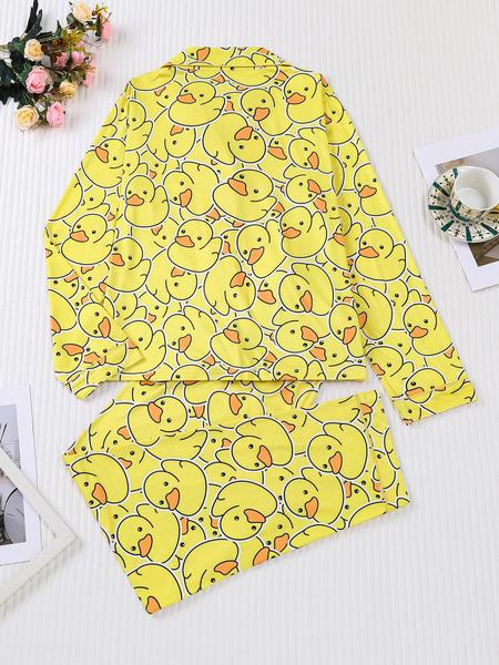 Cute Duck Print Women's Pajama Set, Long Sleeve Shirt Collar Button Soft Top & Loose Elastic Pants Pjs, Casual Home Wear