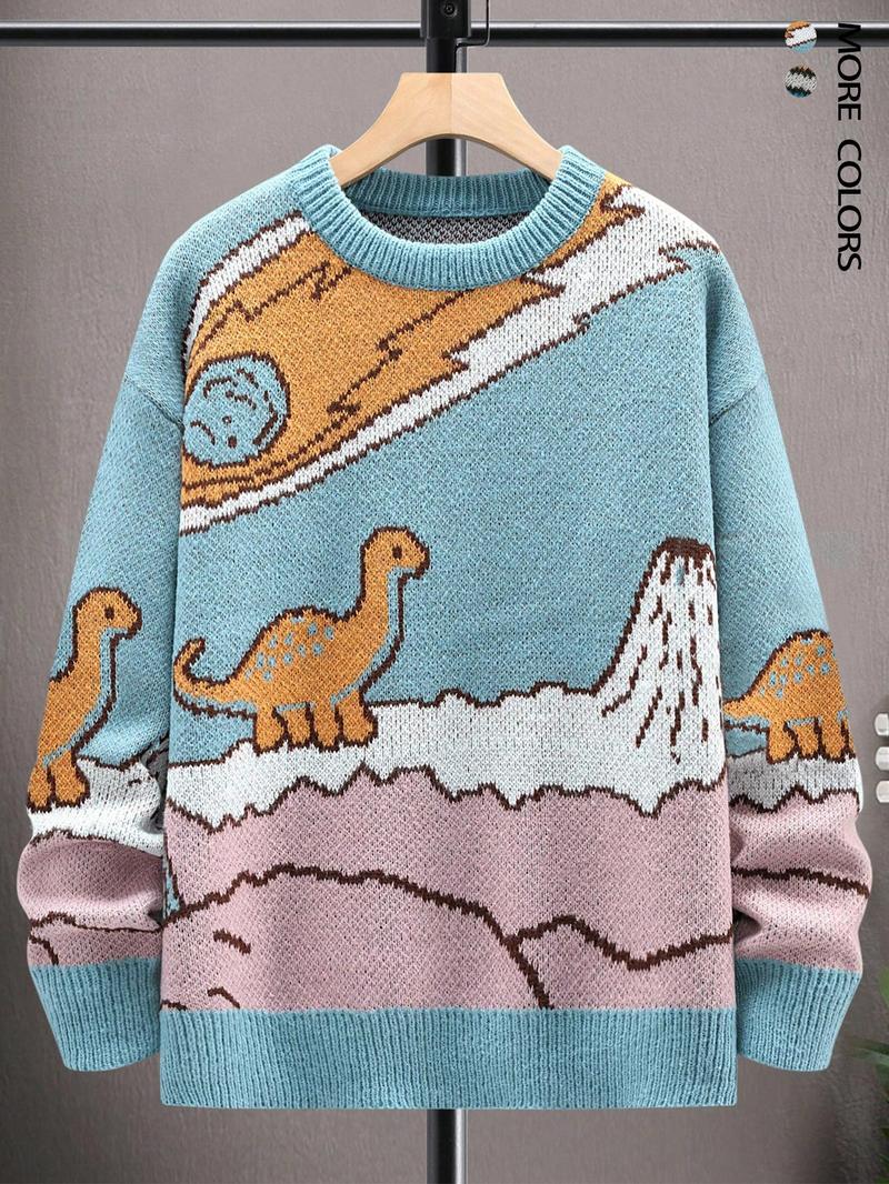 Men's Cartoon Dinosaur Print Drop Shoulder Sweater, Casual Regular Fit Long Sleeve Round Neck Jumper for Fall & Winter, Fashion Men's Knitwear for Daily Wear