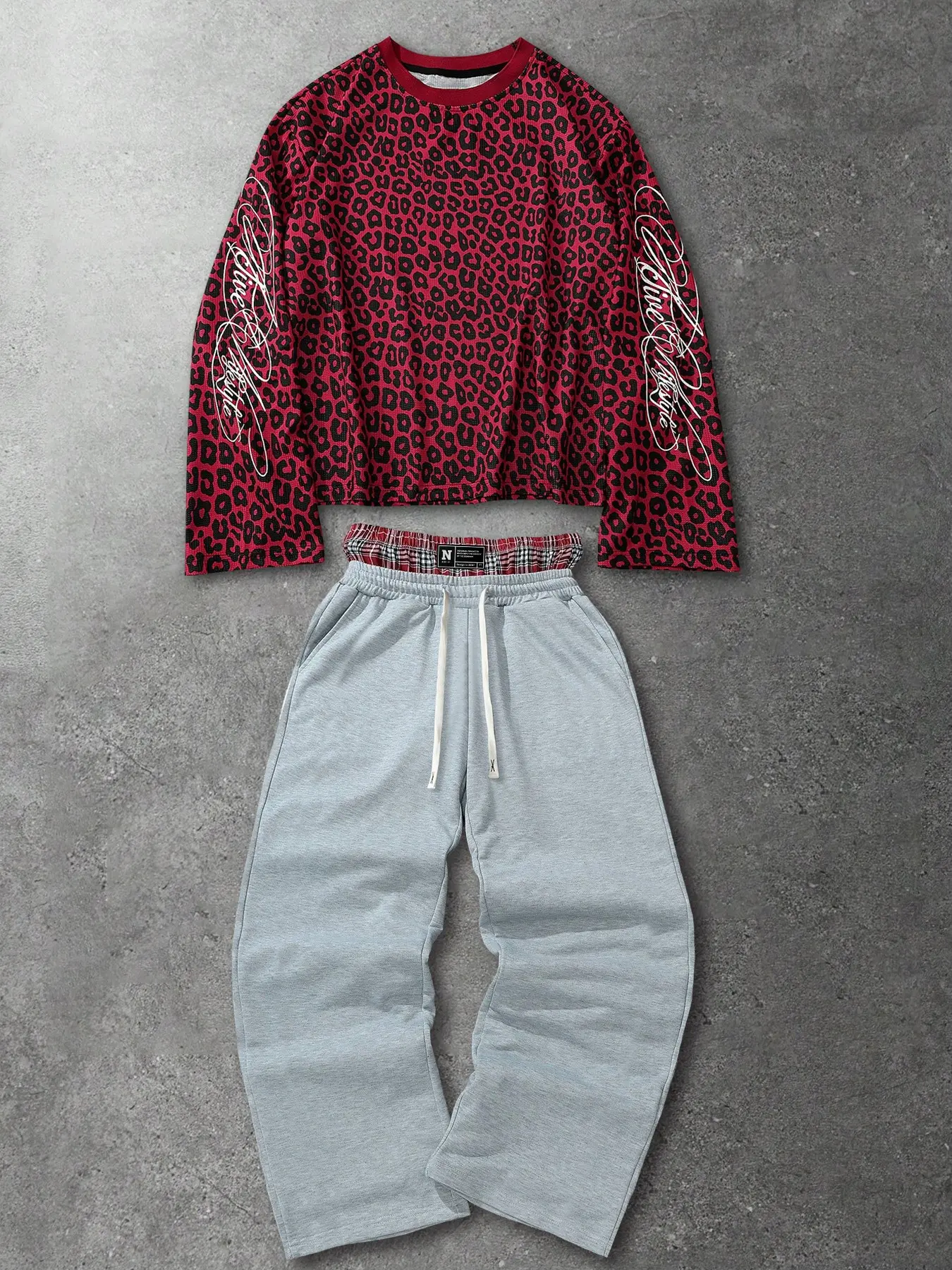 Y2K Vintage Streetwear Casual Matching Two Piece Set All Over Animal Print Cropped Long Sleeve Crew Neck Top Elastic Adjustable Drawstring Wide Trousers Wrinkle Resistant Non Fade Print Outfit For Music Festival Skate Campus Daily Urban Hangout