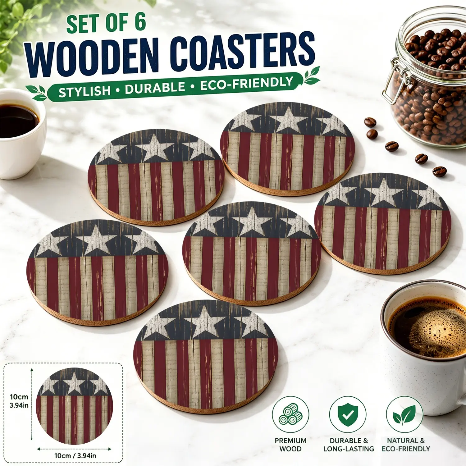 🇺🇸 6PCS Vintage American Flag Wooden Coasters | Rustic Distressed USA Stars & Stripes Design | Patriotic Home Bar Decor | Heat Resistant Drink Mats | 4th of July Memorial Day Gift