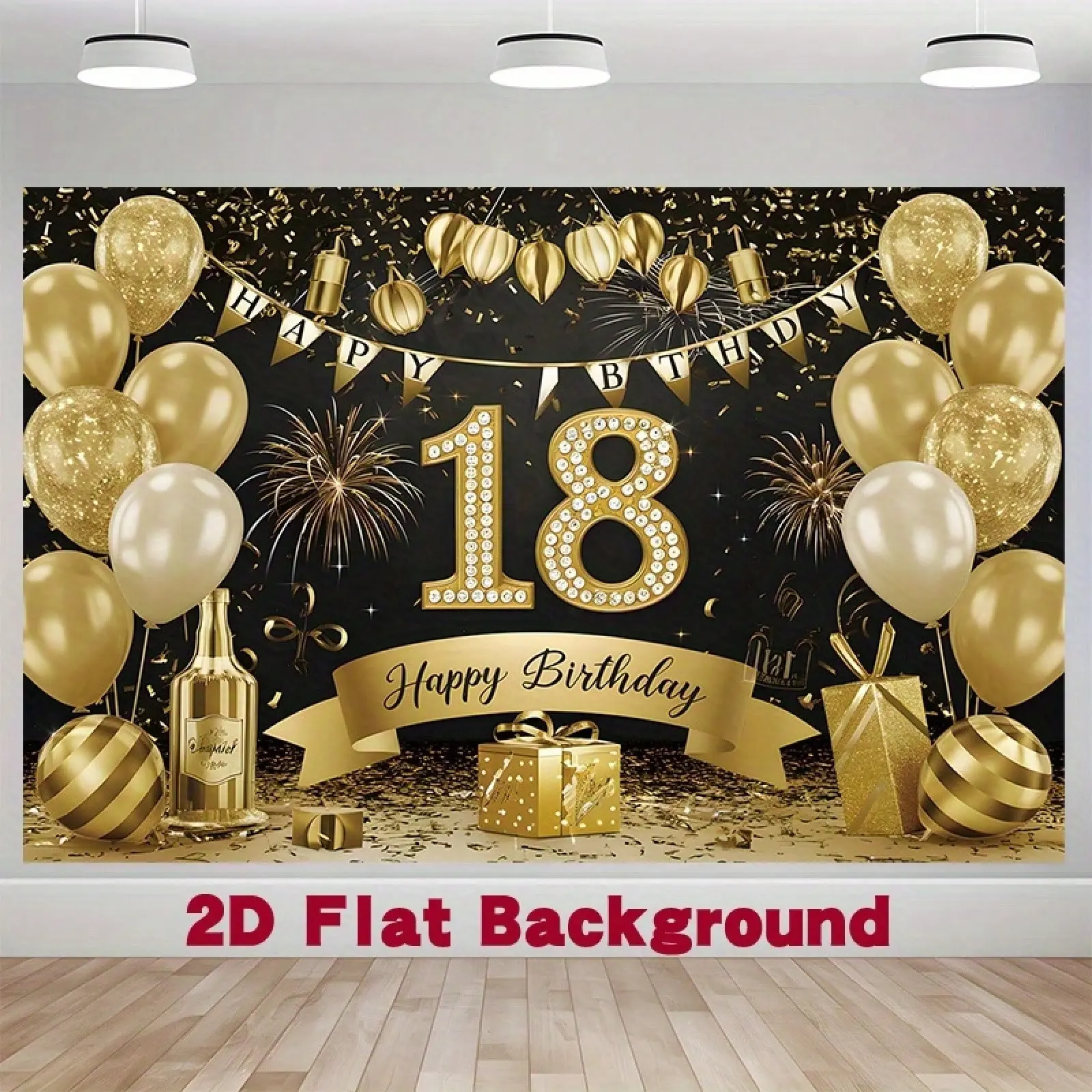 Black Gold 18th Birthday Party Backdrop Banner Wall Tapestry - Premium Lightweight Polyester Artwork, Glitter Number 18, Balloons, Confetti Design, Gift for Photo Booth, Indoor Event Decor, Hanging Photography Background, Celebration, Room Decor, Baby Sho