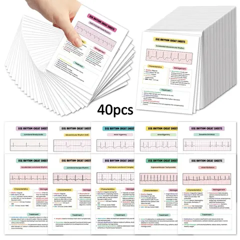 40pcs ECG Rhythm & Arrhythmias Cheat Sheets Cards - ECG Rhythm Interpretation Reference Card for Nurses & Paramedics Students for Quick Rhythm Identification, ECG Study Guide, Nursing Reference Cards, Nursing Flashcards, Flashcards For Studying