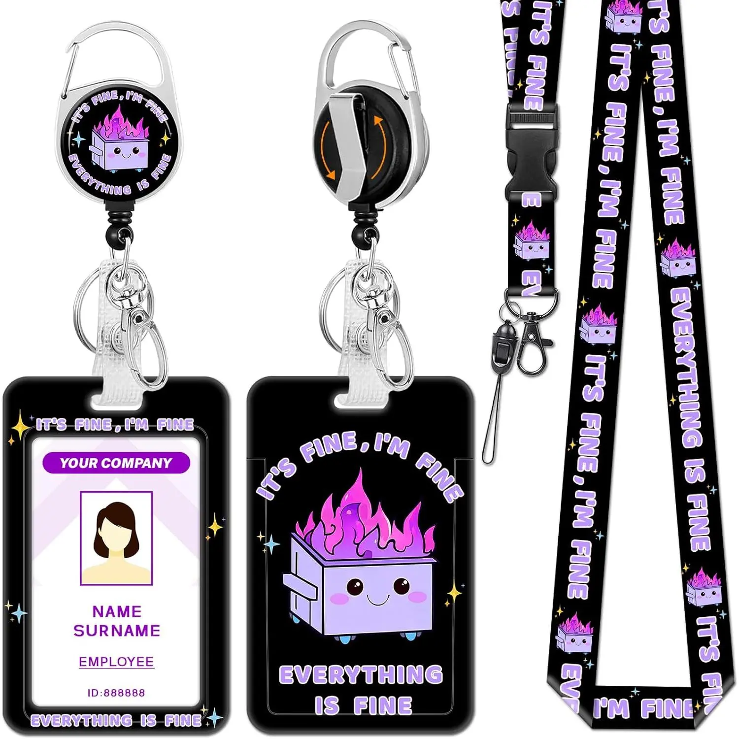 Funny ID Badge Lanyards with Retractable Reel Clip - Dumpster on Fire Badge Holder, 360° Rotating Carabiner Clip, Card Protector Case for Hospital Workers, Nurse Life Gifts (Event, Office Use), Doctor
